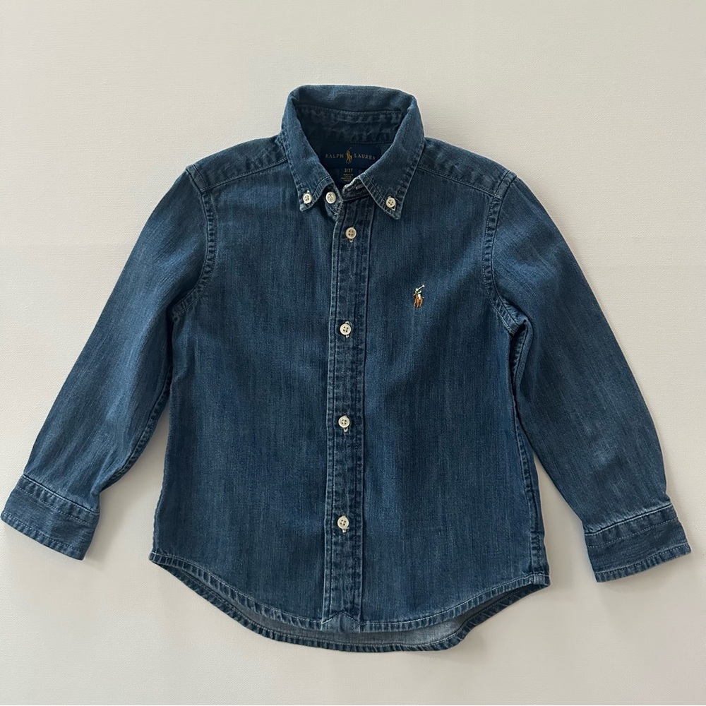 Ralph Lauren 3T Toddler Boy Dark Blue Button Down Shirt Denim Chambray